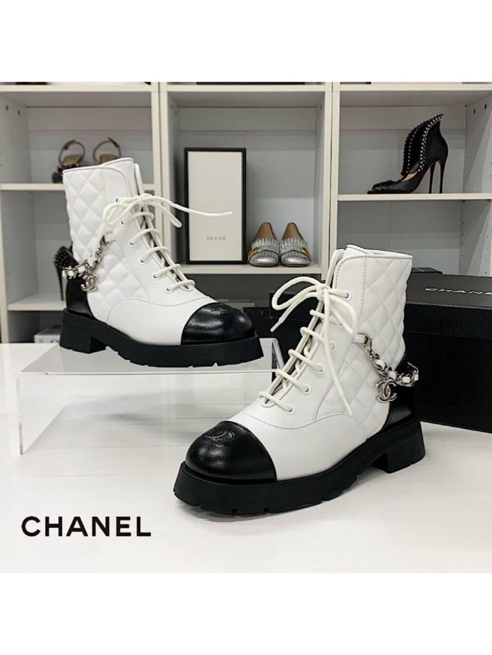 Chanel Quilted CC Logo Leather Chain Lace-up Short Boots